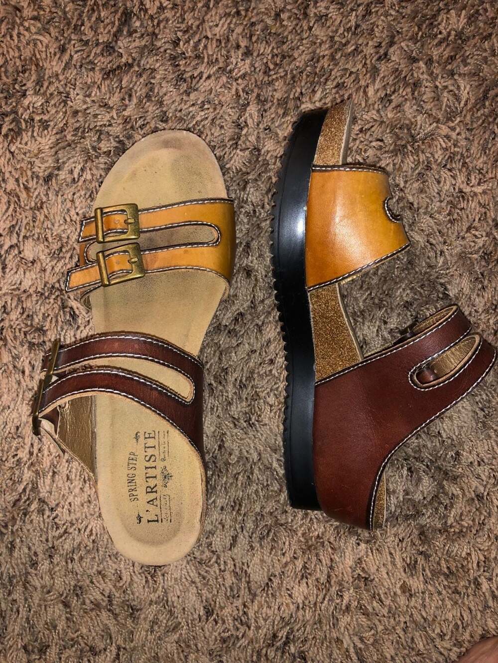 Spring Step L'Artiste Leather Wedge Sandals Multi-Color Brown Tan
